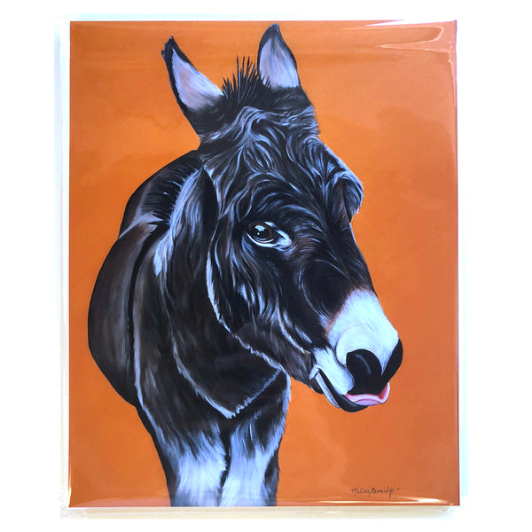 donkey painting-archival print- golden yellow background. Thomas is a donkey that lives at the Isle of Wight Donkey Sanctuary in England